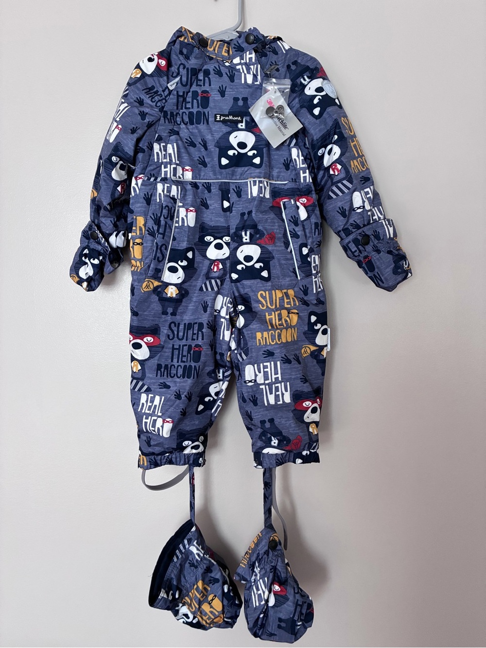 NWT - Premont Infant Navy Blue 'Super Hero Raccoon' One-Piece Snowsuit, Size 9M